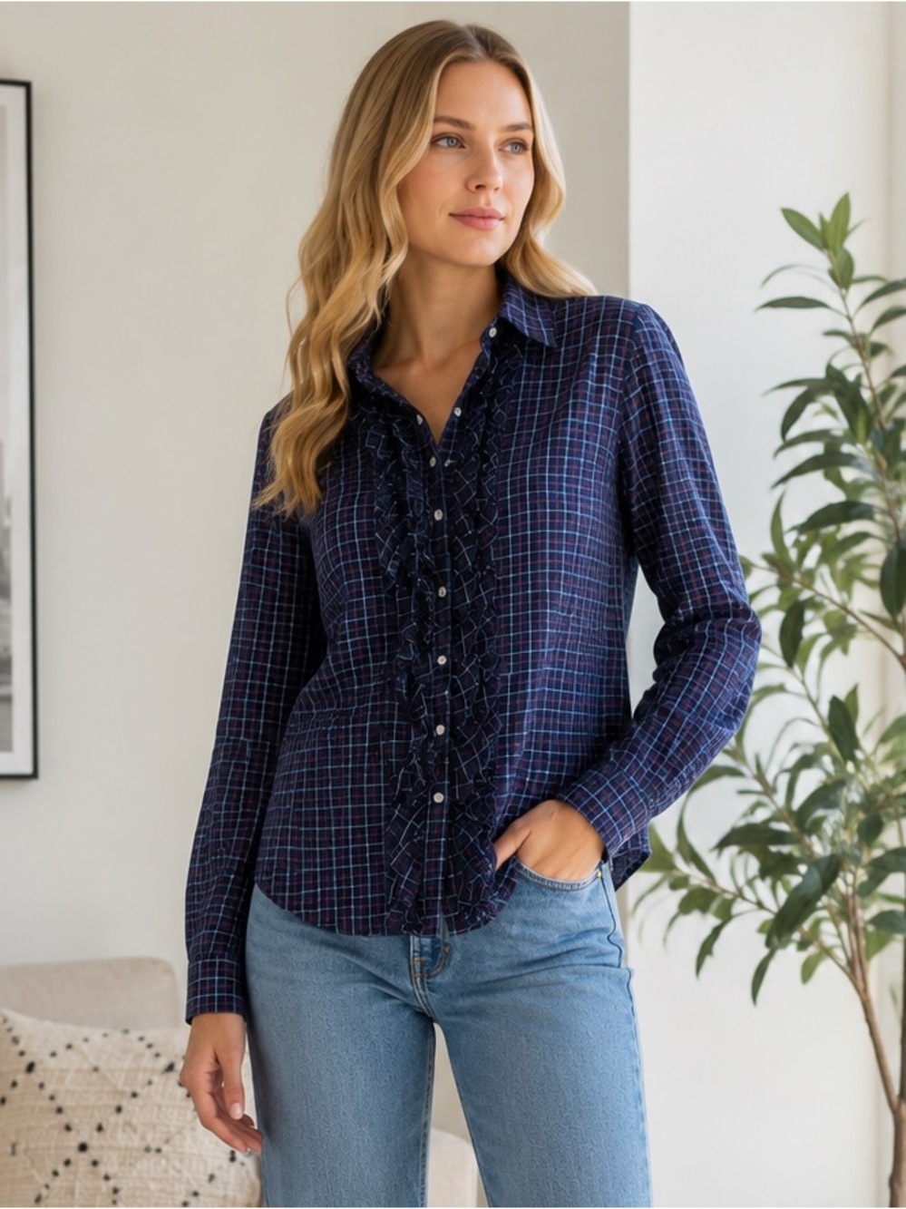 Lauren Ralph Lauren Ruffle Button‎ Down Shirt Women’s Large Blue Plaid Cotton
